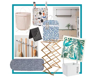 Collage of laundry and cleaning items including racks, patterns, and storage solutions in a modern setting.