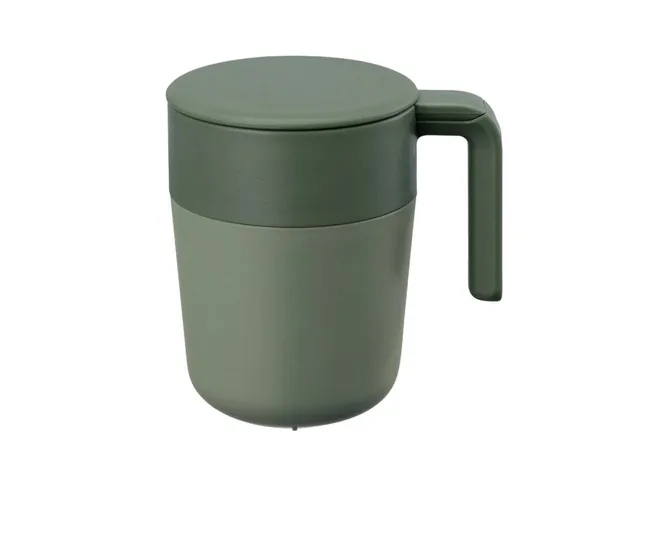 Green insulated mug with a lid and handle.