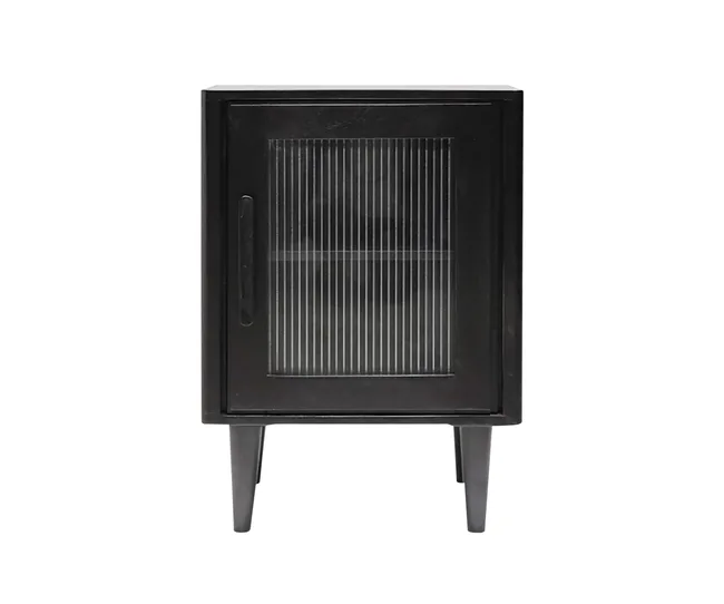 Black single-door cabinet with ribbed glass panel and four legs.