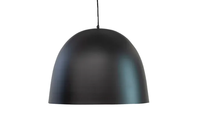 Black dome-shaped pendant lamp hanging from a black cord on a white background.