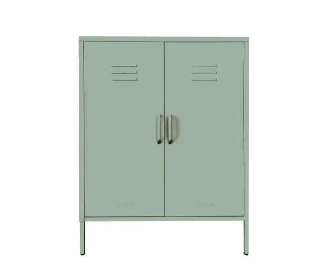 Light green metal cabinet with double doors and handles, featuring small ventilation slits at the top.
