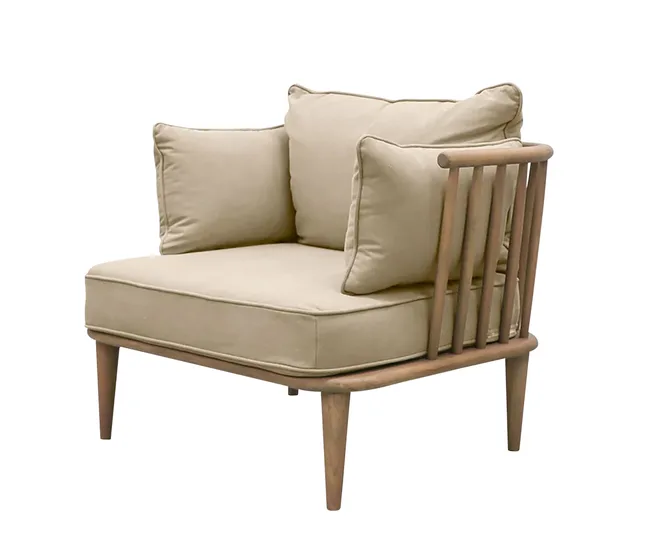 Beige cushioned chair with wooden frame and vertical slats on the back and side, against a white background.