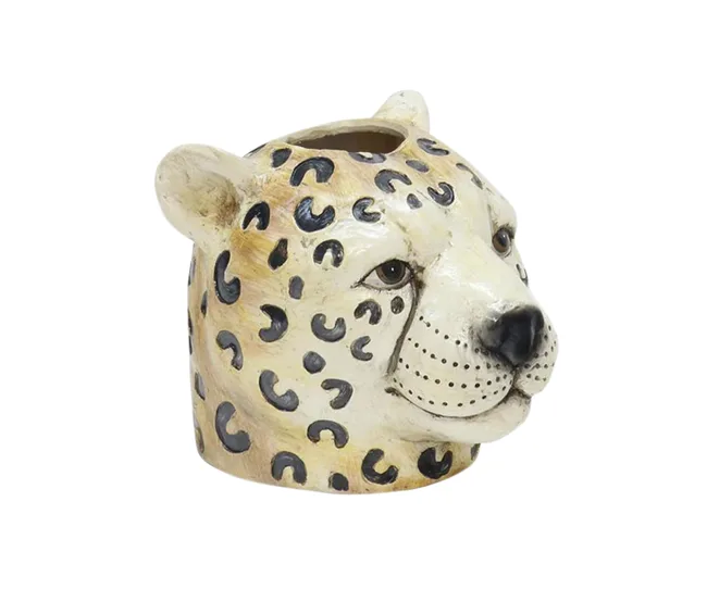 Ceramic vase shaped like a cheetah's head with black spots and detailed facial features.