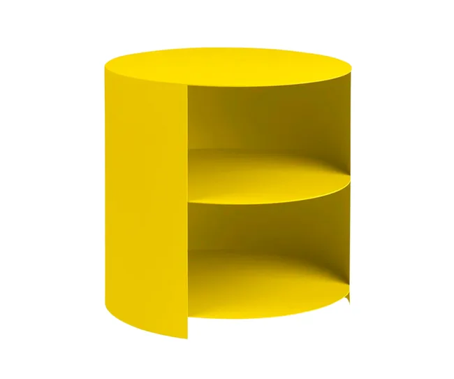 Round yellow side table with two shelves and an open side.