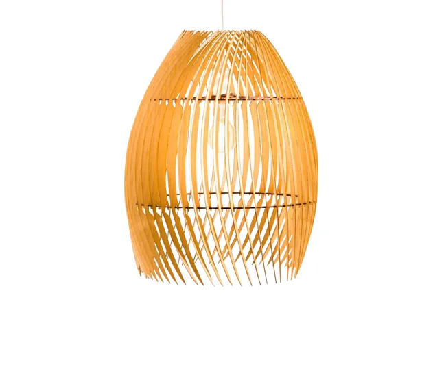 A wooden pendant light with a slatted, rounded design and a visible bulb inside.