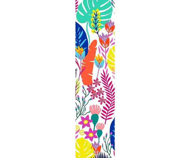Colorful floral pattern with leaves and flowers, featuring an orange abstract figure in the center.