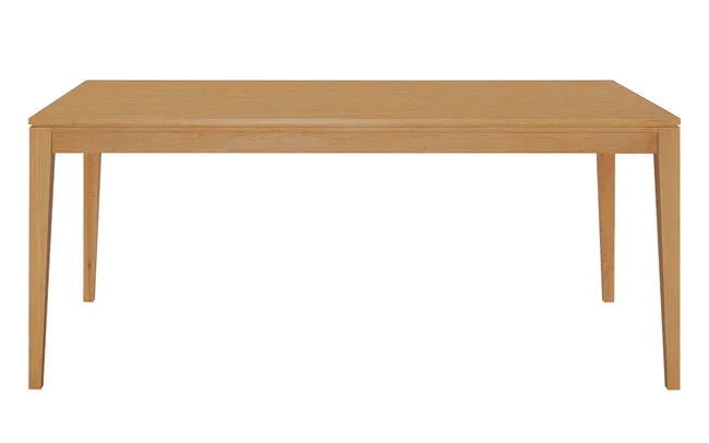 A rectangular wooden dining table with a simple design and tapered legs.