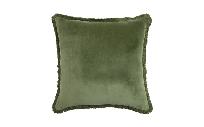 Green velvet cushion with fringe trim on edges, square shape, against a white background.