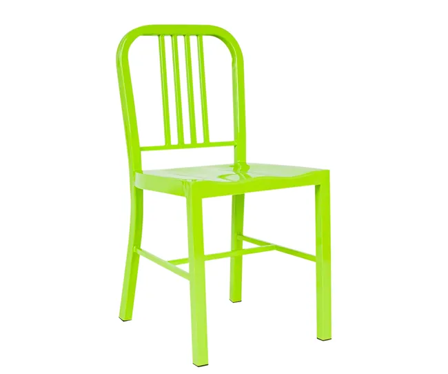 Bright green metal chair with a slatted backrest and simple, modern design on a white background.