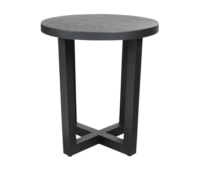 Round black side table with a wooden top and cross-legged base.