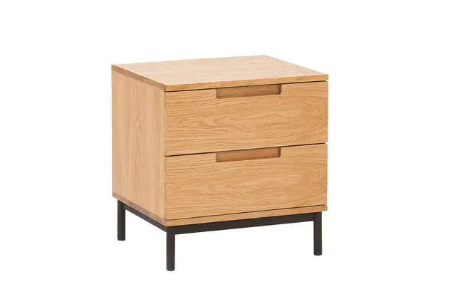 A wooden nightstand with two drawers and black metal legs on a white background.