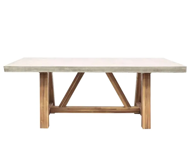 Concrete and wood dining table with a rectangular top and A-frame legs.
