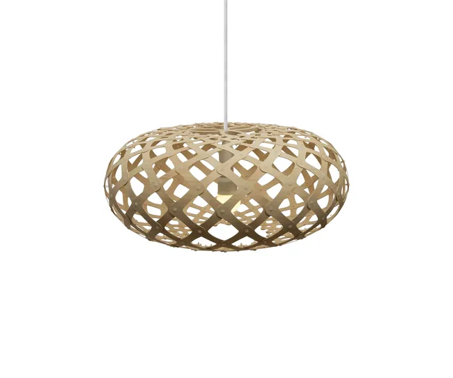 Hanging woven wooden pendant light with an intricate lattice design.