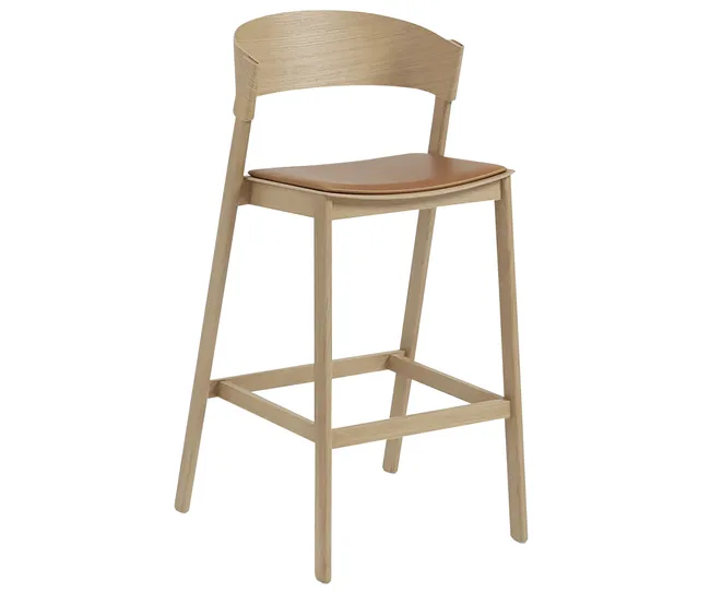 Wooden bar stool with light brown seat pad and supportive backrest.