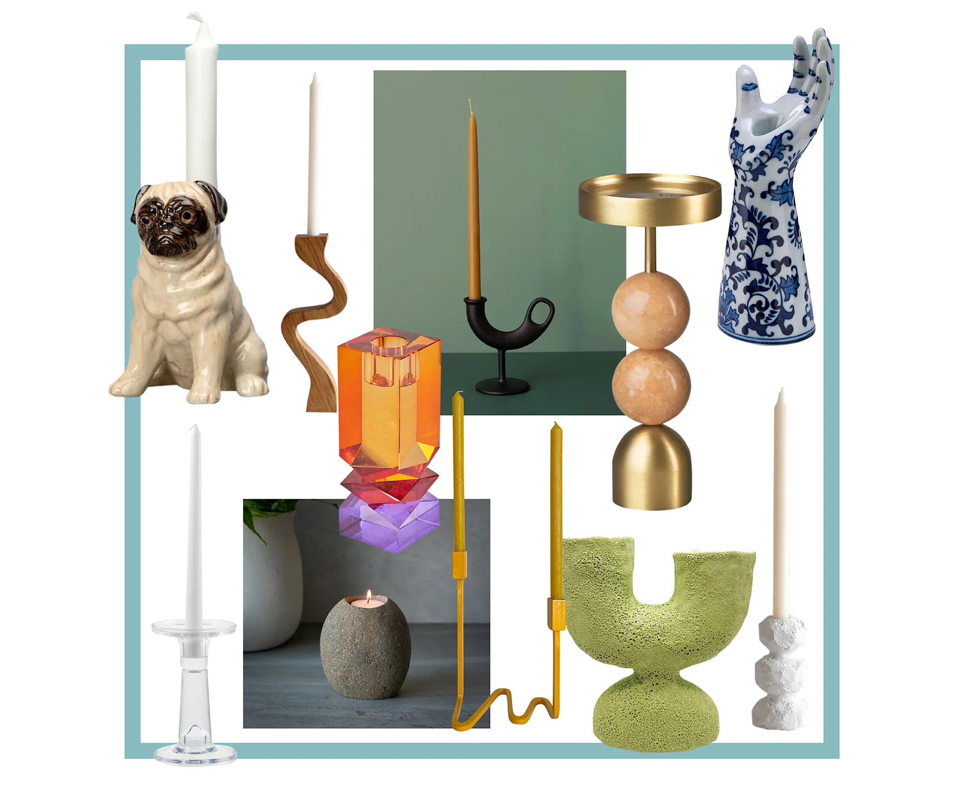 A collage of diverse candlestick holders including a pug, abstract, and colorful designs, some with candles inserted.