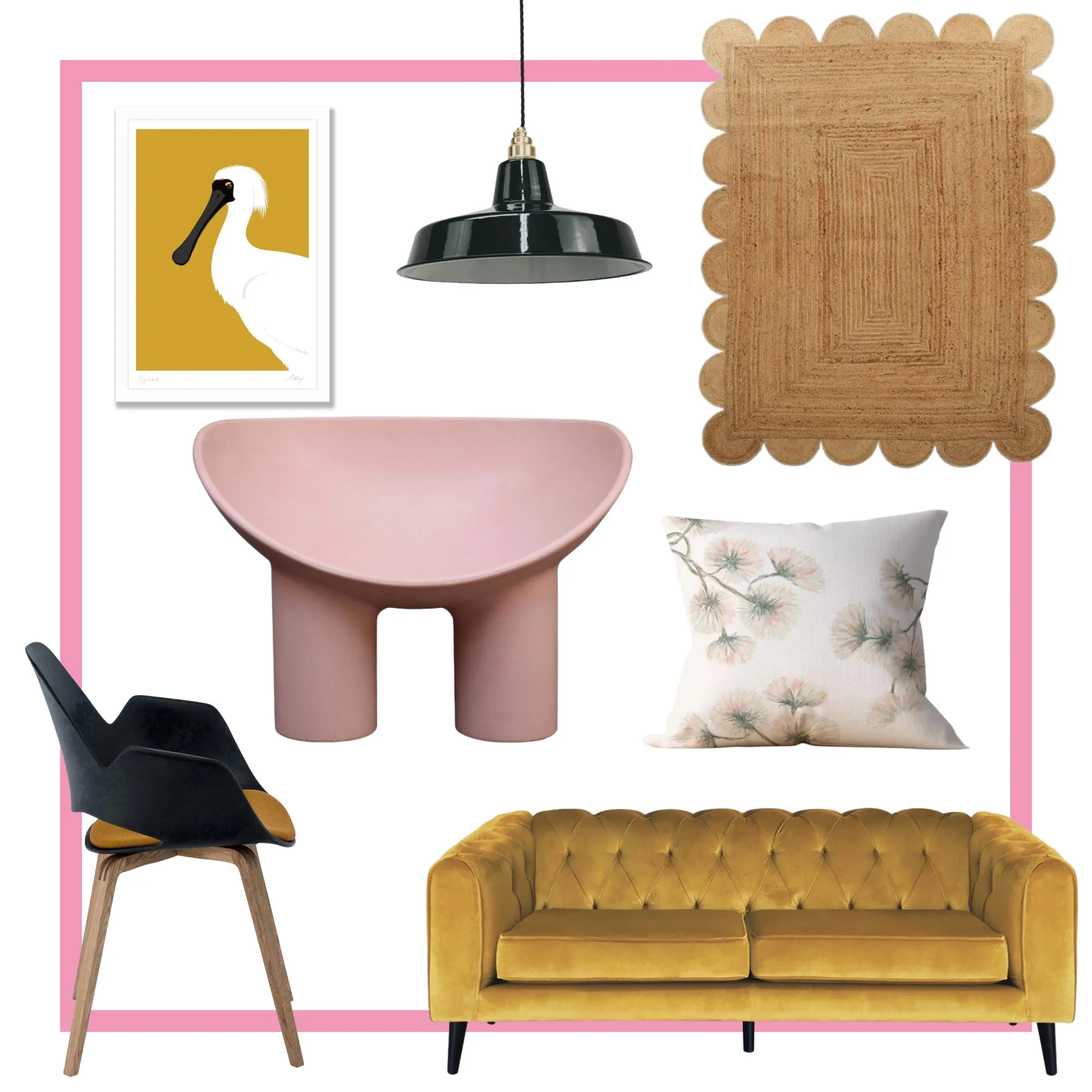 Collage of home decor items: spoonbill print, pendant light, rug, pink chair, black chair, floral pillow, yellow sofa.