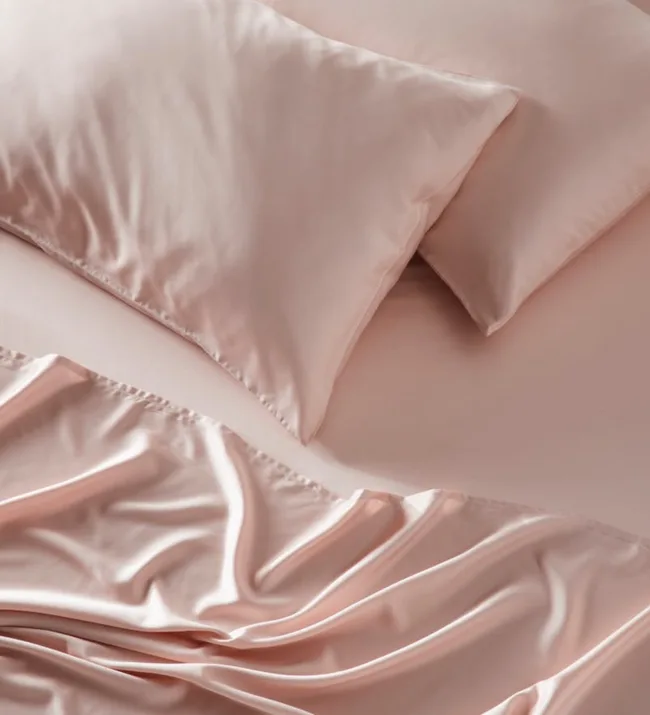 Pink satin pillowcases and sheets on a bed, creating a soft and elegant appearance.