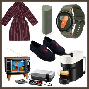 Collection of lifestyle gadgets including a watch, speaker, robe, slippers, coffee maker, and retro gaming console.