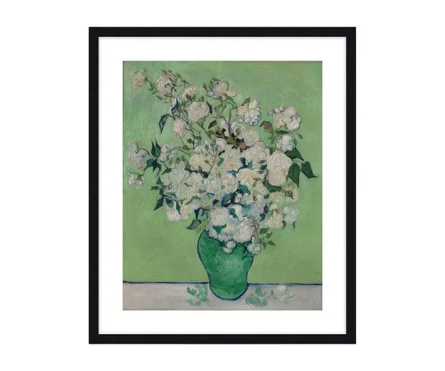 Framed painting of white roses in a green vase on a light green background.
