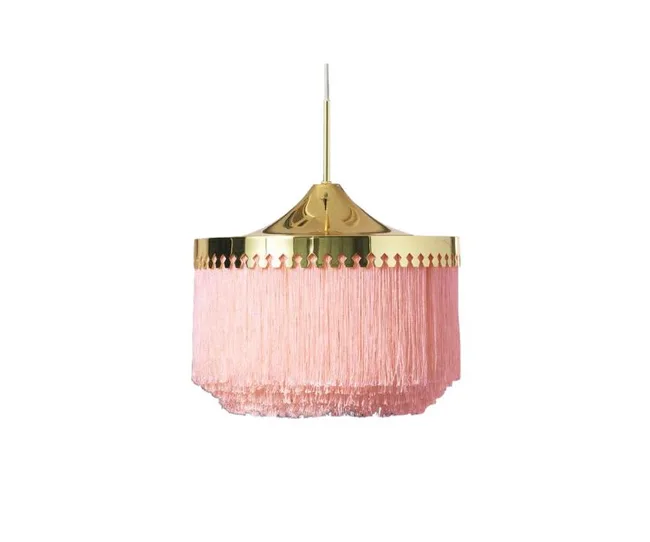 Pendant lamp with a gold top and pink fringe shade, hanging from a thin rod.