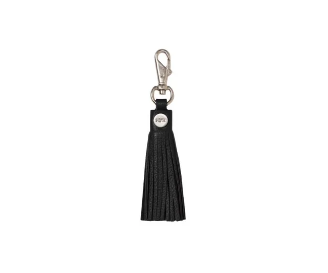 Black leather tassel keychain with a metal clip and a small circular silver tag.