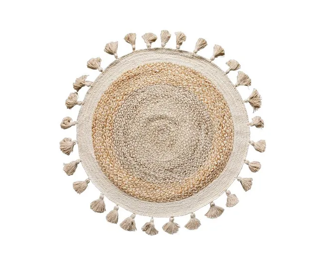 Round woven jute rug with concentric circles and fringe tassels on the edge.