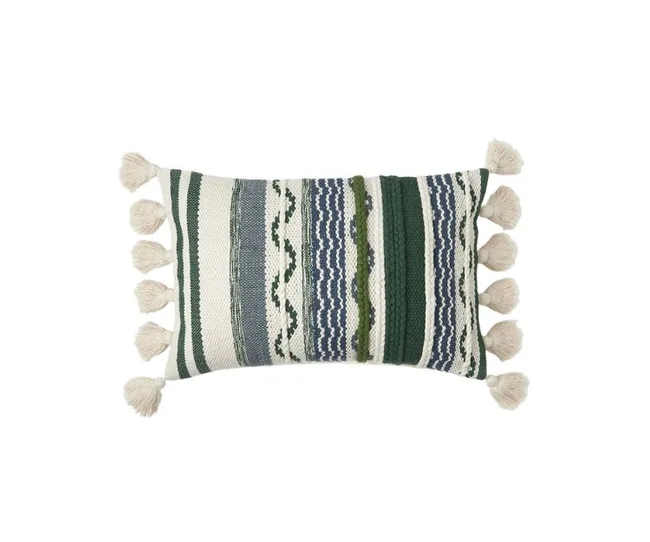 Striped decorative pillow with green, blue patterns and white tassels on each end.