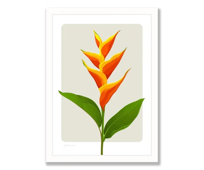 Illustration of a Heliconia flower with bright orange petals and green leaves on a beige background.