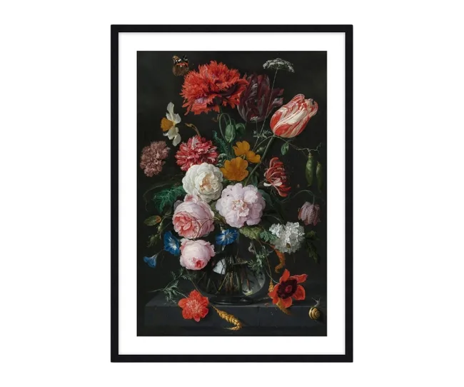 A framed painting of a vibrant bouquet with roses, tulips, and various flowers in a vase against a dark background.