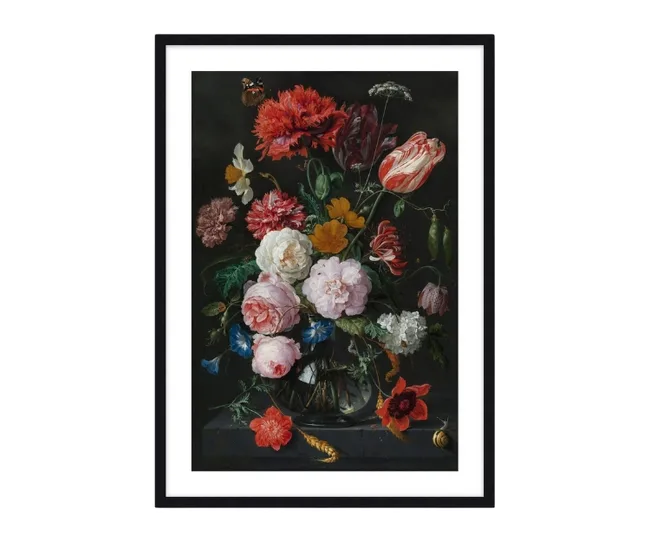 A framed painting of a vibrant bouquet with roses, tulips, and various flowers in a vase against a dark background.