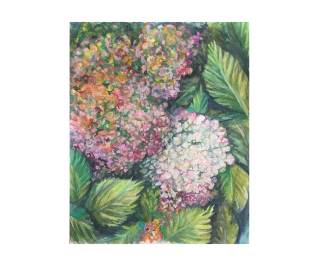 Colorful hydrangea painting with pink, purple, and green hues surrounded by lush green leaves.