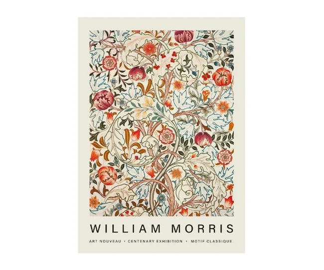 William Morris floral pattern poster with intricate botanical design, labeled "Art Nouveau Centenary Exhibition."
