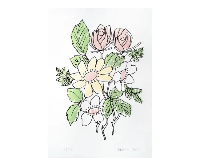 Illustration of pink roses and white daisies with green leaves.
