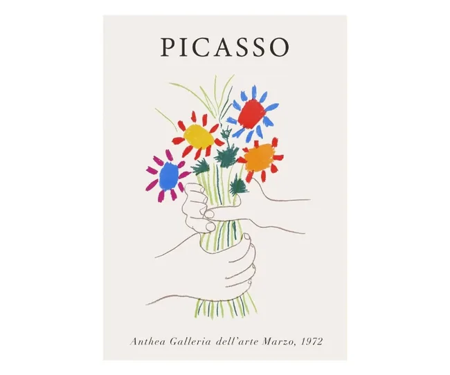 Two hands holding a colorful bouquet of flowers, with "PICASSO" text above. Art exhibition poster, March 1972.