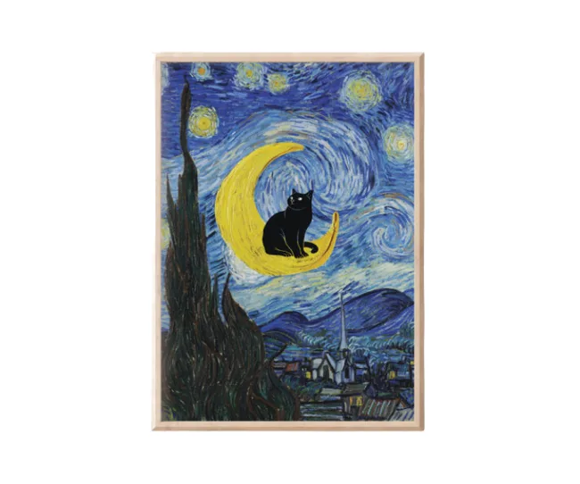 Black cat sitting on a yellow crescent moon in a Starry Night-style painting, framed in a light wooden frame.