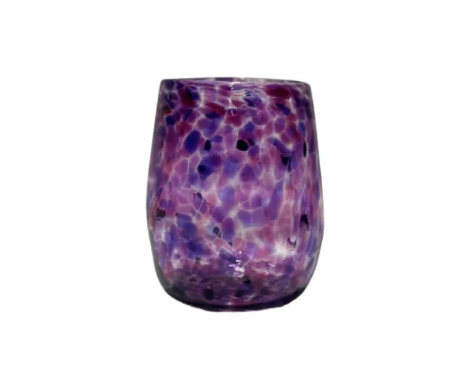 Purple speckled glass tumbler with a rounded shape and glossy finish.