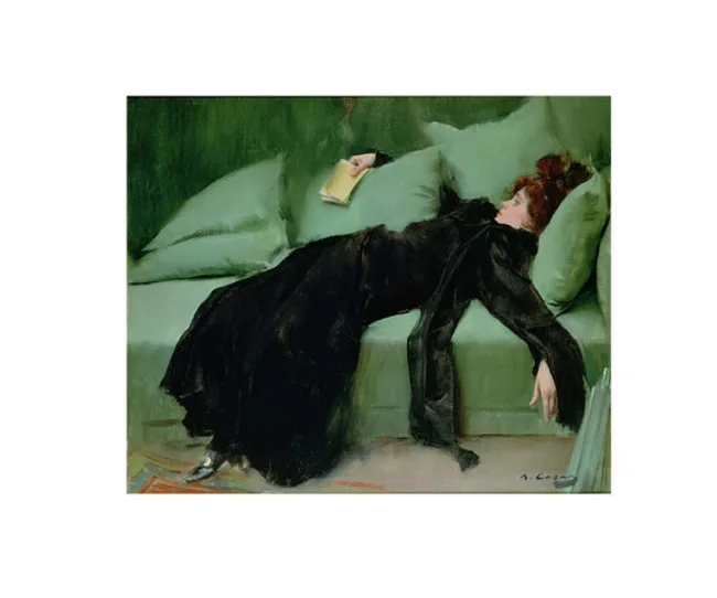 Painting of a woman in a black dress reclining on a green sofa, holding a yellow book.