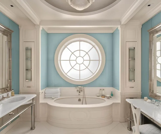 Elegant bathroom with a circular window, white tub, blue walls, and silver-framed mirrors.
