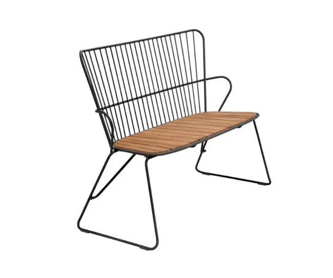 A modern metal bench with wooden slats for seating, featuring a wireframe backrest and angled legs for support.