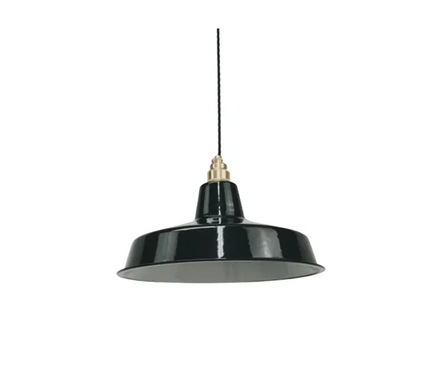 Black industrial-style pendant light with a glossy finish hanging on a black cord.