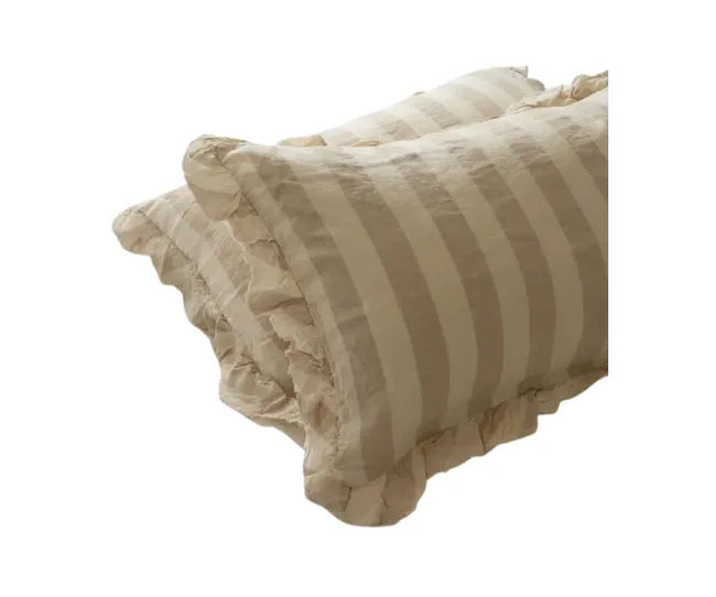 Pair of beige pillows with vertical stripes and ruffled edges.