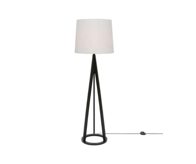 Black floor lamp with triangular base and white lampshade, featuring a visible power cord with a switch.