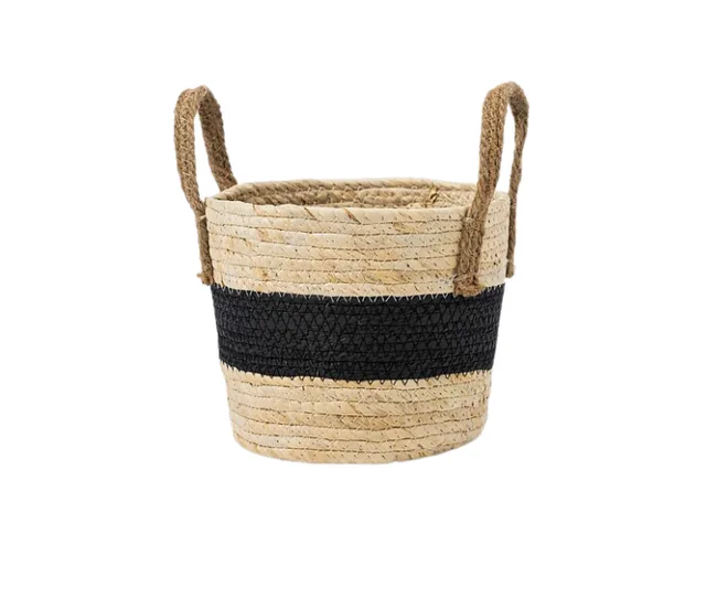 Woven basket with a black center stripe and two handles, made of natural fibers.