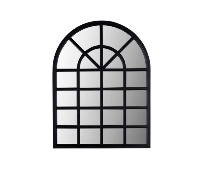 Arched windowpane mirror with a black frame, featuring geometric design and reflective glass panels.