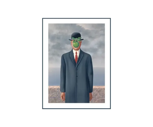 A man in a suit and bowler hat with a green apple obscuring his face, standing against a cloudy sky.