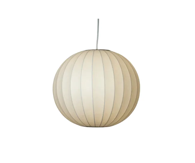 White spherical pendant lamp with vertical seams, hanging from a cord.