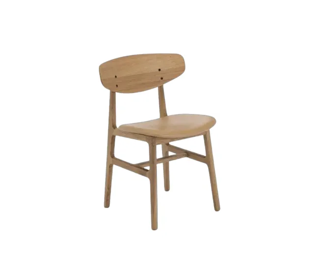 Wooden chair with a curved backrest and simple design, set against a white background.
