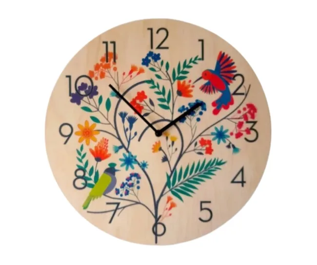 Round wooden clock with colorful floral and bird design, displaying numbers 1 to 12.