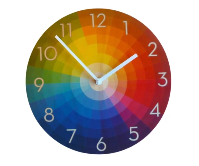 Round wall clock with a spectrum color wheel design and white numbers.