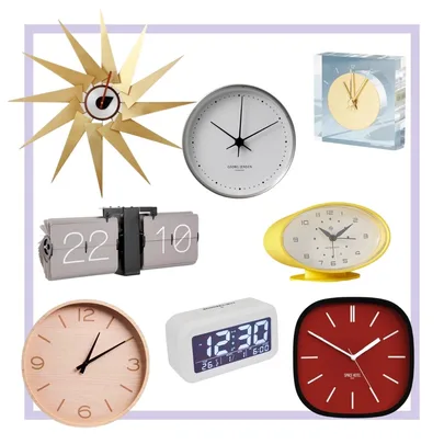 Various stylish clocks including digital, analog, and designer styles displayed against a light background.
